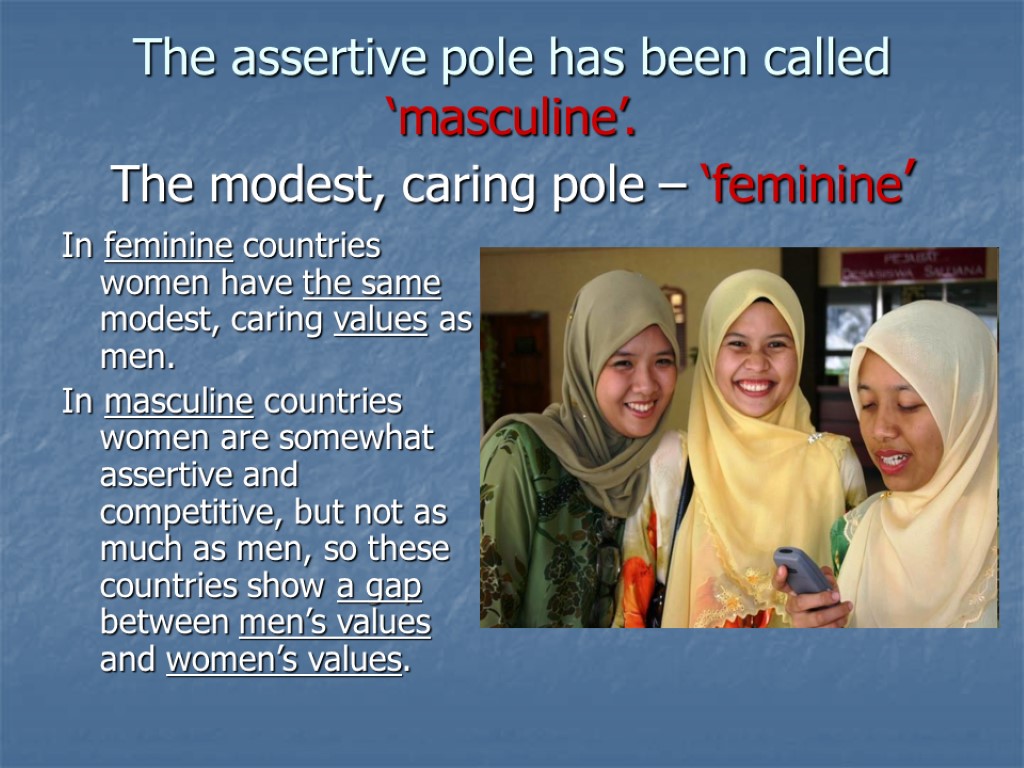 The assertive pole has been called ‘masculine’. The modest, caring pole – ‘feminine’ In